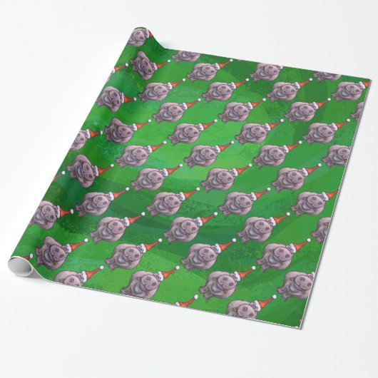 Hippo in Santa Hat Pattern over Groen Cadeaupapier (Uitgerold)