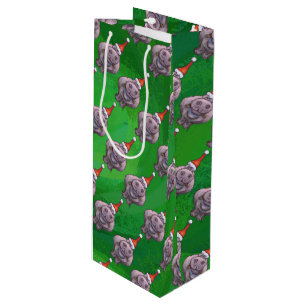 Hippo in Santa Hat Pattern over Groen Wijn Cadeautas