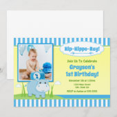 Hippo Invitation d'anniversaire, Hippo Boy bleu (Devant / Derrière)