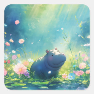 Hippo Magical Pond Meadow Vierkante Sticker
