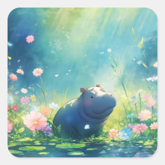 Hippo Magical Pond Meadow Vierkante Sticker (Voorkant)