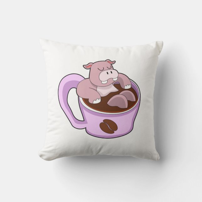 Hippo met beker koffie kussen (Voorkant)