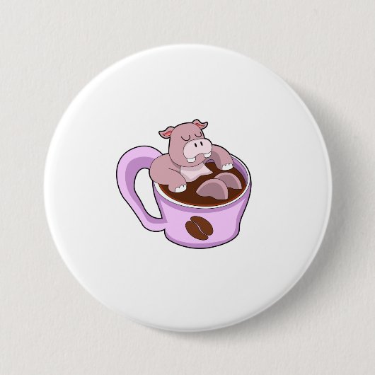 Hippo met beker koffie ronde button 7,6 cm (Voorkant)