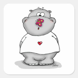 Hippo met Butterfly op zijn neus Vierkante Sticker