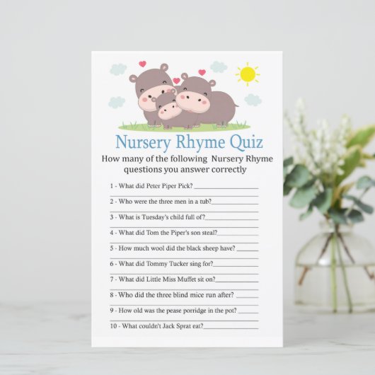Hippo Nursery Rhyme Quiz baby shower game (Staand voorkant)
