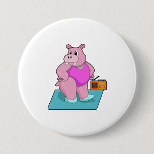 Hippo op fitness met Radio.PNG Ronde Button 7,6 Cm