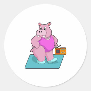 Hippo op fitness met Radio.PNG Ronde Sticker