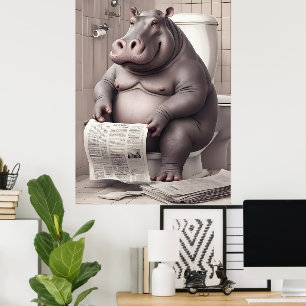 Hippo op het toilet lezen kranten poster