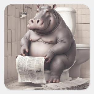 Hippo op het toilet lezen kranten vierkante sticker