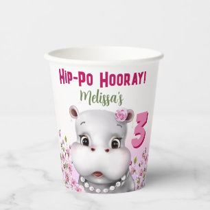 Hippo Pink Floral Girl Birthday Papieren Bekers