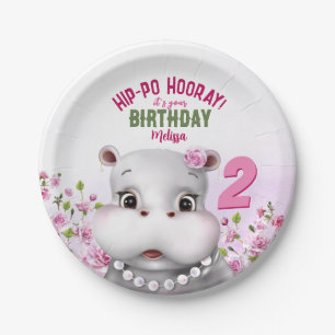 Hippo Pink Floral Girl Birthday Papieren Bordje
