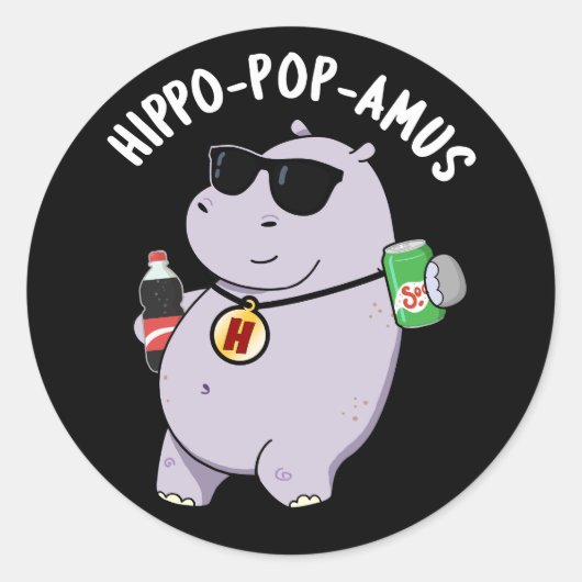 Hippo-pop-amus Funny Hippo Soda Pop Pun Dark BG Ronde Sticker (Voorkant)