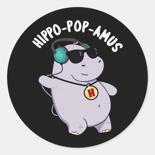 Hippo-pop-amus Funny Pop Music Hippo Pun Dark BG Ronde Sticker (Voorkant)