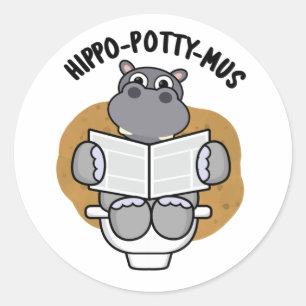 Hippo-potty-mus Funny Animal Hippo Pun Ronde Sticker