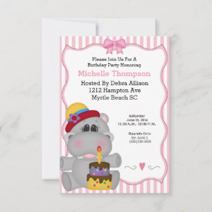 Hippo rose Invitations de fête d'anniversaire