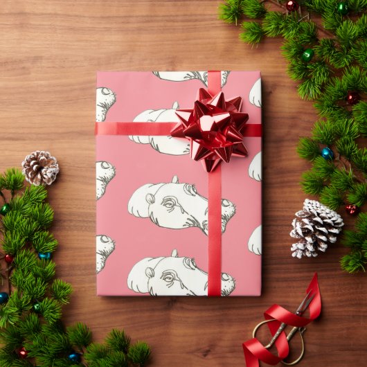 Hippo tekening op roze cadeaupapier (Feestdagen Geschenken)