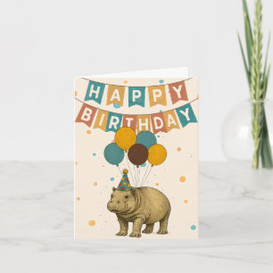 Hippo Verjaardag Kaart – Leuk Diertje met Ballonne