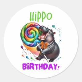 Hippo Verjaardag Vrolijk, Kleurrijk Snoep Swirl | Ronde Sticker
