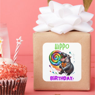 Hippo Verjaardag Vrolijk, Kleurrijk Snoep Swirl   Vierkante Sticker