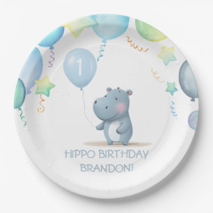Hippo Verjaardag zacht blauw eenvoudig papier bord