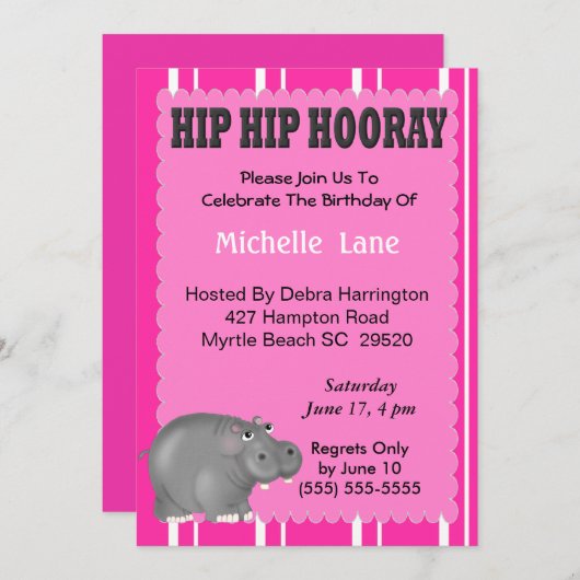 Hippo verjaardagsuitnodiging kaart (Voorkant / Achterkant)