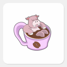 Hippo with Cup of Coffee Vierkante Sticker