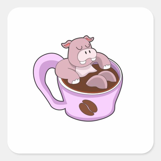 Hippo with Cup of Coffee Vierkante Sticker (Voorkant)