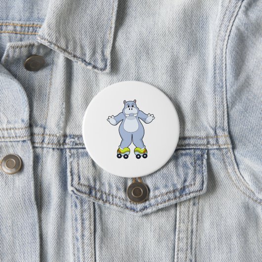 Hippo with Roller skates Ronde Button 7,6 Cm (In situ)