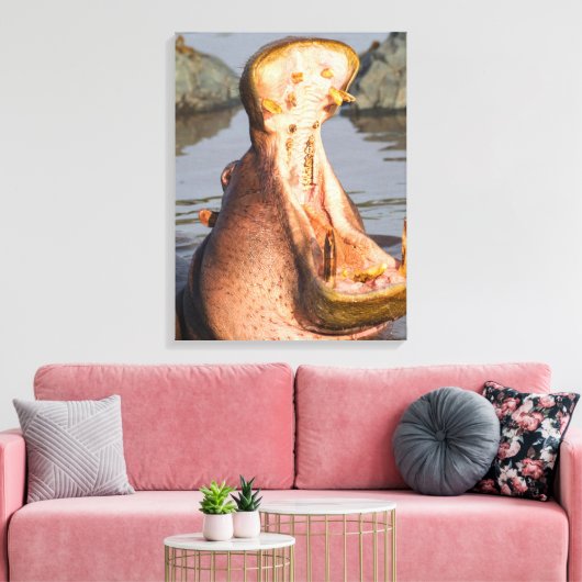 Hippo yawning, Tanzania Canvas Afdruk (Insitu (Woonkamer))