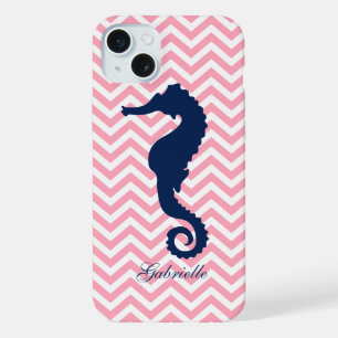 Hippocampe bleu sur motif chevrons roses