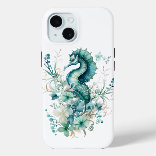 Hippocampe côtier et iPhone floral 15 Coque (Verso)