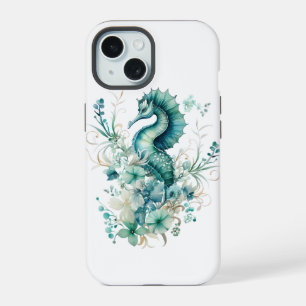 Hippocampe côtier et iPhone floral 15 Coque