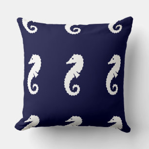 HIPPOCAMPE rayures BLANC sur COUSSIN BLEU MARINE