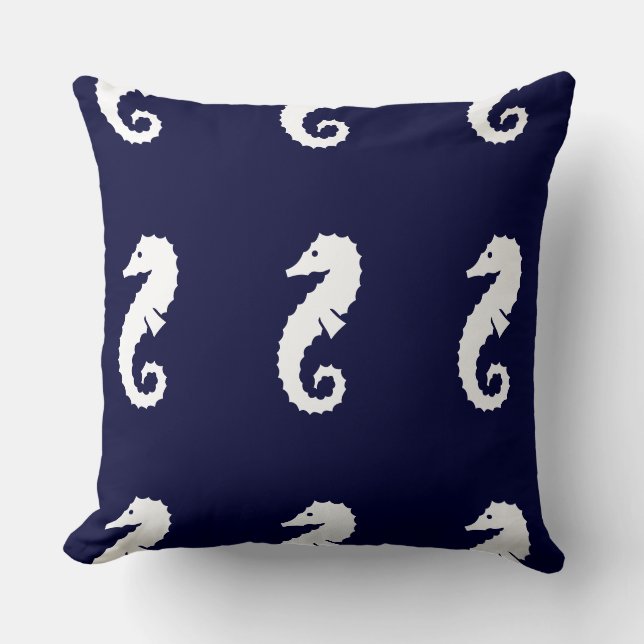 HIPPOCAMPE rayures BLANC sur COUSSIN BLEU MARINE (Recto)