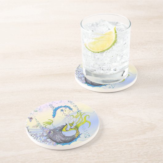 Hippocampus (schedel) met blauw/paars/beige) zandsteen onderzetter (Zijkant)