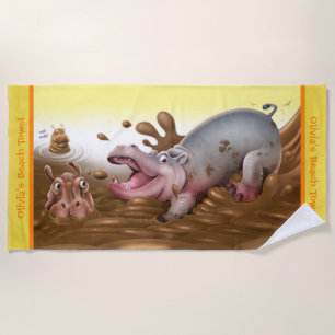Hippopotames boueux de serviette de plage. Bord