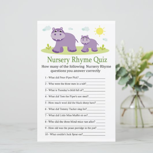 Hippopotamus Nursery Rhyme Quiz baby shower game (Staand voorkant)