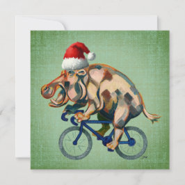 Hippopotamus rijdt op een fiets met Santa Hat Feestdagenkaart