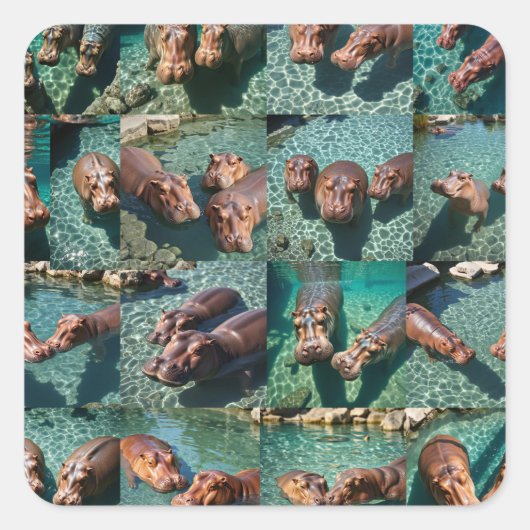 Hippos bij Play: A Pond Paradise Vierkante Sticker (Voorkant)