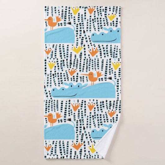 Hippos en vogels in het meer naadloze patroonvint badhanddoek (Badhanddoek)
