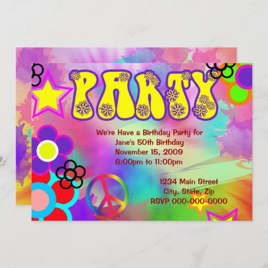 Hippy arc-en-ciel Retro invitation fête d'annivers (Devant / Derrière)