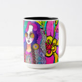 Hippy Art Vrouw met Zonnebril Koffie 15 oz Mok (Voorkant rechts)