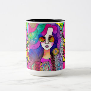 Hippy Art Vrouw met Zonnebril Koffie 15 oz Mok