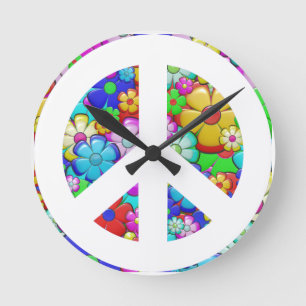 Hippy peace sign round clock ronde klok
