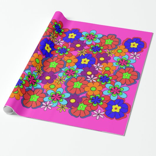 Hippy Retro Flowers Cadeaupapier (Uitgerold)