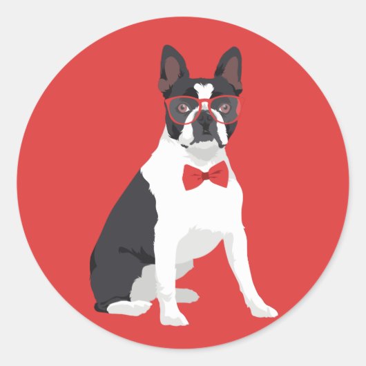 Hipster Boston Terrier met Rode Stropdas & Bow Ronde Sticker (Voorkant)
