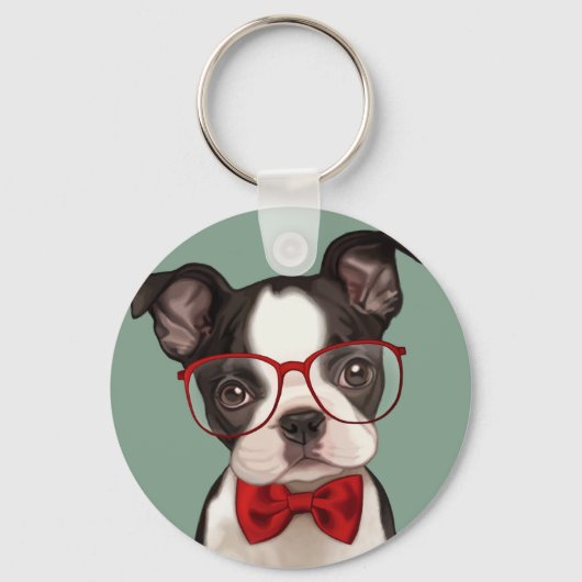 Hipster Boston Terrier Sleutelhanger (Voorkant)