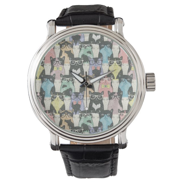 Hipster Cute Cats Pattern Horloge (Voorkant)