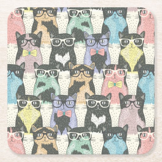 Hipster Cute Cats Pattern Vierkante Kartonnen Onderzetter (Voorkant)
