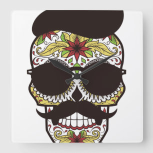 Hipster Day of the Dead Skull Vierkante Klok